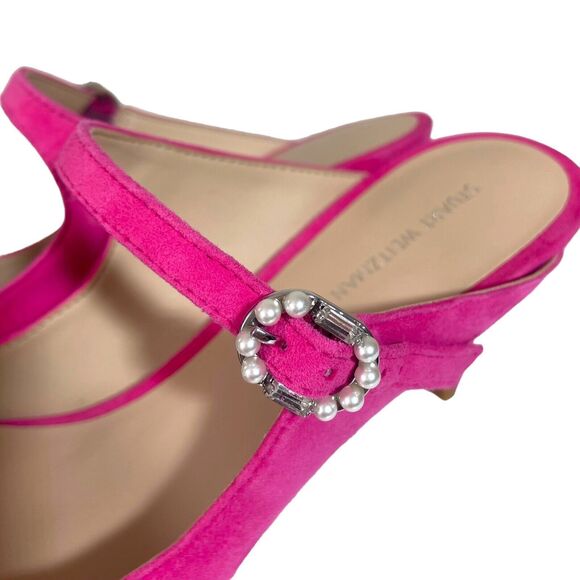 STUART WEITZMAN Women's Fuchsia Hot Pink Suede Heeled Mules Beaded Buckle 8.5 - Picture 7 of 12